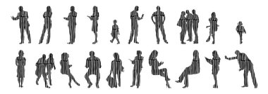 Vektör siluetleri, insanların ana hatları, Contour çizimleri, insanların siluetleri, ikon kümesi izole edilmiş, oturan insanların silueti, mimari set