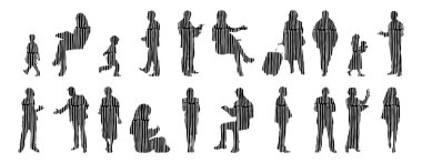 Vektör siluetleri, insanların ana hatları, Contour çizimleri, insanların siluetleri, ikon kümesi izole edilmiş, oturan insanların silueti, mimari set