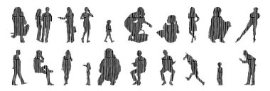 Vektör siluetleri, insanların ana hatları, Contour çizimleri, insanların siluetleri, ikon kümesi izole edilmiş, oturan insanların silueti, mimari set