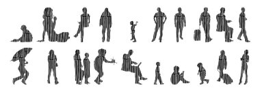 Vektör siluetleri, insanların ana hatları, Contour çizimleri, insanların siluetleri, ikon kümesi izole edilmiş, oturan insanların silueti, mimari set