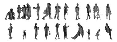 Vektör siluetleri, insanların ana hatları, Contour çizimleri, insanların siluetleri, ikon kümesi izole edilmiş, oturan insanların silueti, mimari set