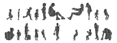 Vektör siluetleri, insanların ana hatları, Contour çizimleri, insanların siluetleri, ikon kümesi izole edilmiş, oturan insanların silueti, mimari set