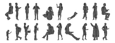 Vektör siluetleri, insanların ana hatları, Contour çizimleri, insanların siluetleri, ikon kümesi izole edilmiş, oturan insanların silueti, mimari set