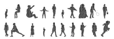 Vektör siluetleri, insanların ana hatları, Contour çizimleri, insanların siluetleri, ikon kümesi izole edilmiş, oturan insanların silueti, mimari set