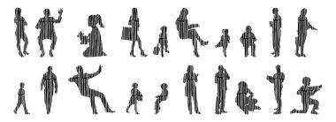 Vektör siluetleri, insanların ana hatları, Contour çizimleri, insanların siluetleri, ikon kümesi izole edilmiş, oturan insanların silueti, mimari set