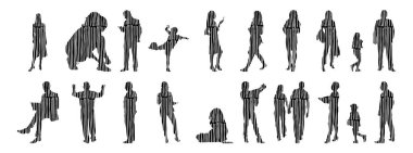 Vektör siluetleri, insanların ana hatları, Contour çizimleri, insanların siluetleri, ikon kümesi izole edilmiş, oturan insanların silueti, mimari set