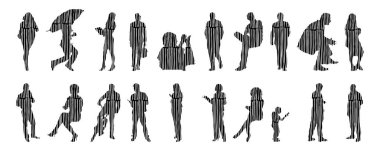 Vektör siluetleri, insanların ana hatları, Contour çizimleri, insanların siluetleri, ikon kümesi izole edilmiş, oturan insanların silueti, mimari set