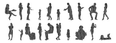 Vektör siluetleri, insanların ana hatları, Contour çizimleri, insanların siluetleri, ikon kümesi izole edilmiş, oturan insanların silueti, mimari set