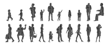 Vektör siluetleri, insanların ana hatları, Contour çizimleri, insanların siluetleri, ikon kümesi izole edilmiş, oturan insanların silueti, mimari set