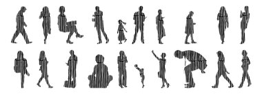 Vektör siluetleri, insanların ana hatları, Contour çizimleri, insanların siluetleri, ikon kümesi izole edilmiş, oturan insanların silueti, mimari set