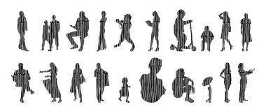 Vektör siluetleri, insanların ana hatları, Contour çizimleri, insanların siluetleri, ikon kümesi izole edilmiş, oturan insanların silueti, mimari set