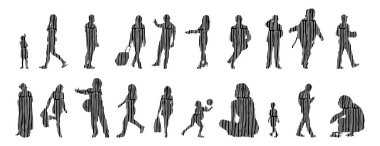 Vektör siluetleri, insanların ana hatları, Contour çizimleri, insanların siluetleri, ikon kümesi izole edilmiş, oturan insanların silueti, mimari set