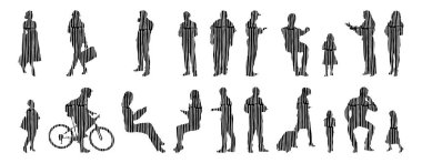 Vektör siluetleri, insanların ana hatları, Contour çizimleri, insanların siluetleri, ikon kümesi izole edilmiş, oturan insanların silueti, mimari set