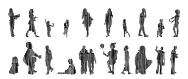 Vektör siluetleri, insanların ana hatları, Contour çizimleri, insanların siluetleri, ikon kümesi izole edilmiş, oturan insanların silueti, mimari set