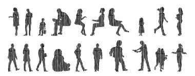 Vektör siluetleri, insanların ana hatları, Contour çizimleri, insanların siluetleri, ikon kümesi izole edilmiş, oturan insanların silueti, mimari set