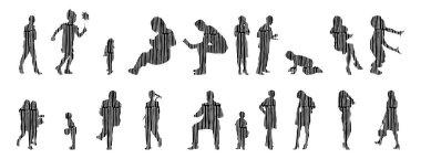 Vektör siluetleri, insanların ana hatları, Contour çizimleri, insanların siluetleri, ikon kümesi izole edilmiş, oturan insanların silueti, mimari set