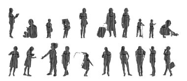 Vektör siluetleri, insanların ana hatları, Contour çizimleri, insanların siluetleri, ikon kümesi izole edilmiş, oturan insanların silueti, mimari set