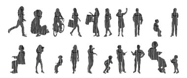 Vektör siluetleri, insanların ana hatları, Contour çizimleri, insanların siluetleri, ikon kümesi izole edilmiş, oturan insanların silueti, mimari set