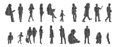 Vektör siluetleri, insanların ana hatları, Contour çizimleri, insanların siluetleri, ikon kümesi izole edilmiş, oturan insanların silueti, mimari set