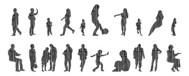 Vektör siluetleri, insanların ana hatları, Contour çizimleri, insanların siluetleri, ikon kümesi izole edilmiş, oturan insanların silueti, mimari set