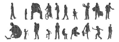 Vektör siluetleri, insanların ana hatları, Contour çizimleri, insanların siluetleri, ikon kümesi izole edilmiş, oturan insanların silueti, mimari set