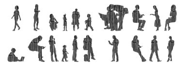 Vektör siluetleri, insanların ana hatları, Contour çizimleri, insanların siluetleri, ikon kümesi izole edilmiş, oturan insanların silueti, mimari set