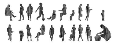 Vektör siluetleri, insanların ana hatları, Contour çizimleri, insanların siluetleri, ikon kümesi izole edilmiş, oturan insanların silueti, mimari set