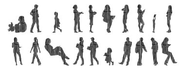 Vektör siluetleri, insanların ana hatları, Contour çizimleri, insanların siluetleri, ikon kümesi izole edilmiş, oturan insanların silueti, mimari set