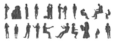 Vektör siluetleri, insanların ana hatları, Contour çizimleri, insanların siluetleri, ikon kümesi izole edilmiş, oturan insanların silueti, mimari set