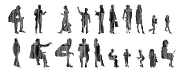 Vektör siluetleri, insanların ana hatları, Contour çizimleri, insanların siluetleri, ikon kümesi izole edilmiş, oturan insanların silueti, mimari set