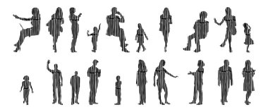 Vektör siluetleri, insanların ana hatları, Contour çizimleri, insanların siluetleri, ikon kümesi izole edilmiş, oturan insanların silueti, mimari set