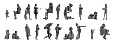 Vektör siluetleri, insanların ana hatları, Contour çizimleri, insanların siluetleri, ikon kümesi izole edilmiş, oturan insanların silueti, mimari set