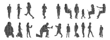 Vektör siluetleri, insanların ana hatları, Contour çizimleri, insanların siluetleri, ikon kümesi izole edilmiş, oturan insanların silueti, mimari set