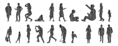 Vektör siluetleri, insanların ana hatları, Contour çizimleri, insanların siluetleri, ikon kümesi izole edilmiş, oturan insanların silueti, mimari set