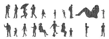 Vektör siluetleri, insanların ana hatları, Contour çizimleri, insanların siluetleri, ikon kümesi izole edilmiş, oturan insanların silueti, mimari set