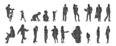 Vektör siluetleri, insanların ana hatları, Contour çizimleri, insanların siluetleri, ikon kümesi izole edilmiş, oturan insanların silueti, mimari set