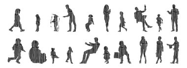 Vektör siluetleri, insanların ana hatları, Contour çizimleri, insanların siluetleri, ikon kümesi izole edilmiş, oturan insanların silueti, mimari set