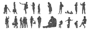 Vektör siluetleri, insanların ana hatları, Contour çizimleri, insanların siluetleri, ikon kümesi izole edilmiş, oturan insanların silueti, mimari set