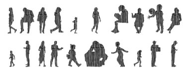 Vektör siluetleri, insanların ana hatları, Contour çizimleri, insanların siluetleri, ikon kümesi izole edilmiş, oturan insanların silueti, mimari set