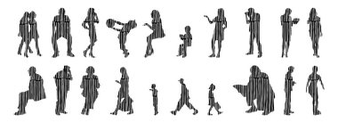 Vektör siluetleri, insanların ana hatları, Contour çizimleri, insanların siluetleri, ikon kümesi izole edilmiş, oturan insanların silueti, mimari set