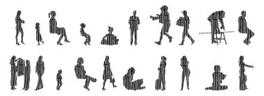 Vektör siluetleri, insanların ana hatları, Contour çizimleri, insanların siluetleri, ikon kümesi izole edilmiş, oturan insanların silueti, mimari set