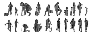 Vektör siluetleri, insanların ana hatları, Contour çizimleri, insanların siluetleri, ikon kümesi izole edilmiş, oturan insanların silueti, mimari set