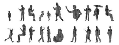 Vektör siluetleri, insanların ana hatları, Contour çizimleri, insanların siluetleri, ikon kümesi izole edilmiş, oturan insanların silueti, mimari set