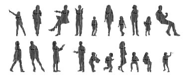 Vektör siluetleri, insanların ana hatları, Contour çizimleri, insanların siluetleri, ikon kümesi izole edilmiş, oturan insanların silueti, mimari set