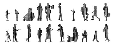 Vektör siluetleri, insanların ana hatları, Contour çizimleri, insanların siluetleri, ikon kümesi izole edilmiş, oturan insanların silueti, mimari set