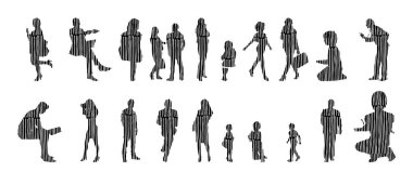 Vektör siluetleri, insanların ana hatları, Contour çizimleri, insanların siluetleri, ikon kümesi izole edilmiş, oturan insanların silueti, mimari set