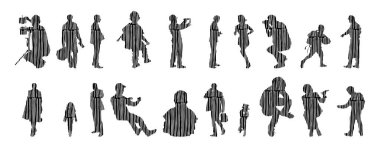 Vektör siluetleri, insanların ana hatları, Contour çizimleri, insanların siluetleri, ikon kümesi izole edilmiş, oturan insanların silueti, mimari set