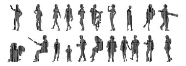 Vektör siluetleri, insanların ana hatları, Contour çizimleri, insanların siluetleri, ikon kümesi izole edilmiş, oturan insanların silueti, mimari set