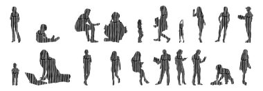 Vektör siluetleri, insanların ana hatları, Contour çizimleri, insanların siluetleri, ikon kümesi izole edilmiş, oturan insanların silueti, mimari set