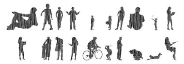 Vektör siluetleri, insanların ana hatları, Contour çizimleri, insanların siluetleri, ikon kümesi izole edilmiş, oturan insanların silueti, mimari set